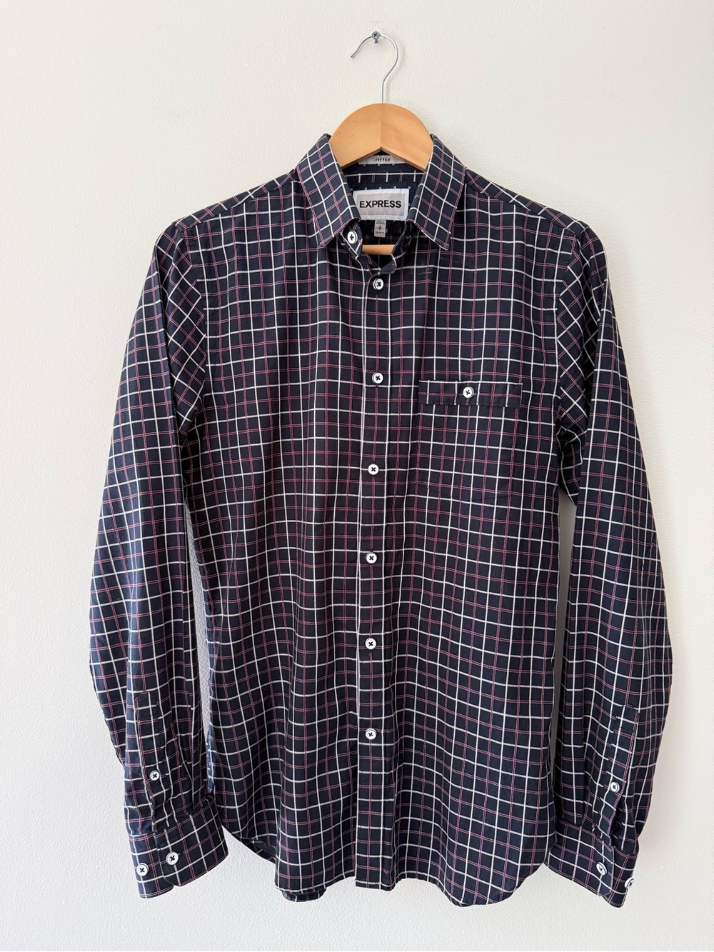 Express Men's Small Fitted Button Up Shirt 14-14.5 Navy Plaid Grid Cotton